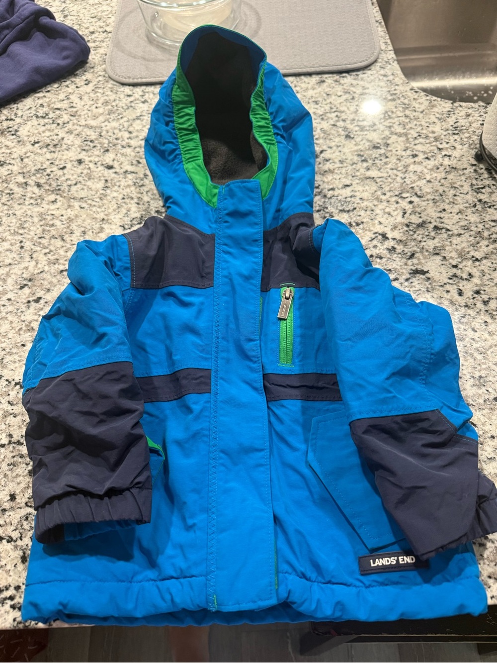 Lands' End Bright Blue Hooded Puffer with Green Trim